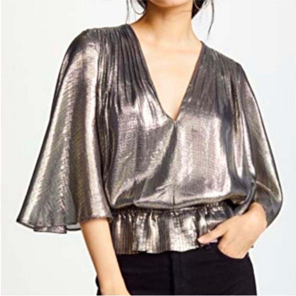Ramy Brook Tonya Silver Gold Metallic Lurex Silk V-Neck Peplum Blouse S